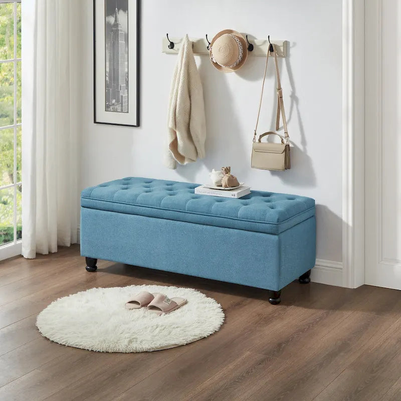 Panca contenitore con seduta trapuntata e gambe in legno