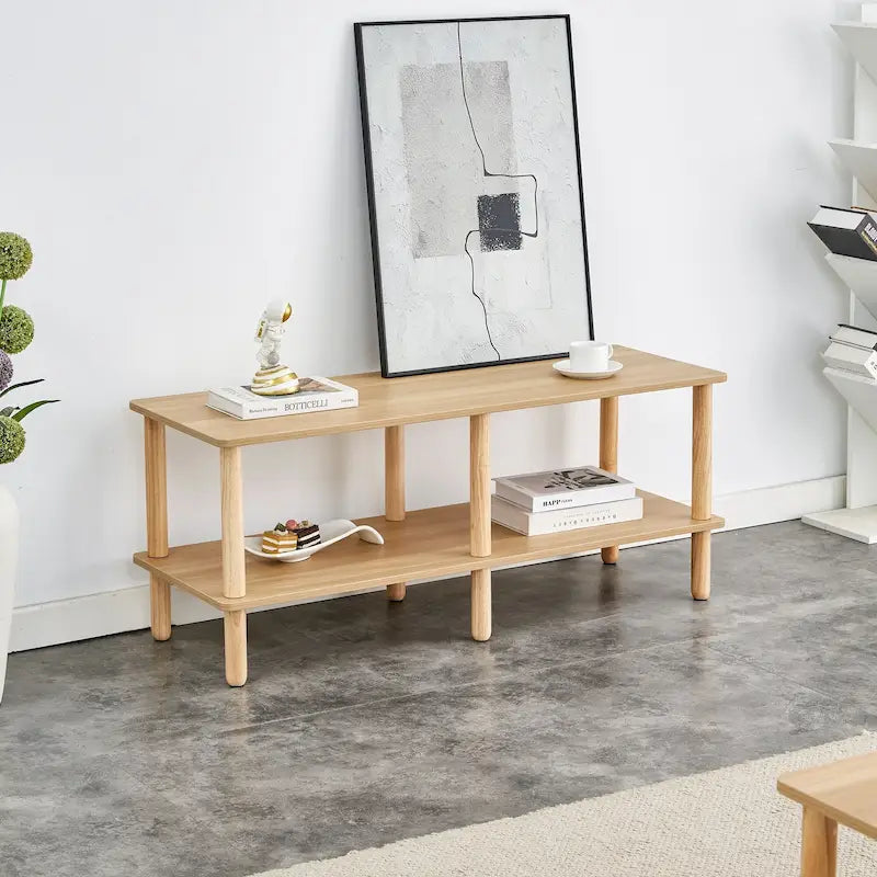 Mobile TV a 2 livelli con ripiano aperto e gambe in legno