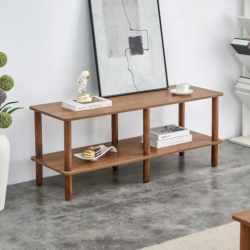 Mobile TV a 2 livelli con ripiano aperto e gambe in legno