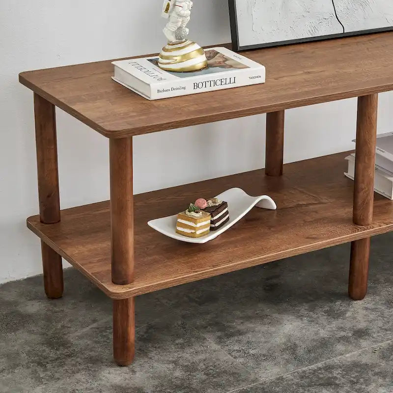 Mobile TV a 2 livelli con ripiano aperto e gambe in legno