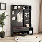 Multi-purpose Hallway Hall Tree with Removable Linen Cushioned Entryway Bench, Coat Rack, Storage Shelves, and DIY Pegboard