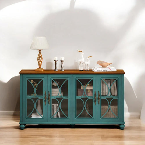 Elegant European Antique 4-Door Cabinet with Tempered Glass, Adjustable Shelves, Solid Wood Legs for Living Room, Dining Room