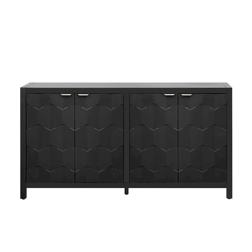 4-Door Sideboard with Honeycomb Patterned Doors, Painted Finish Storage Cabinet with Vintage Metal Handles for Study