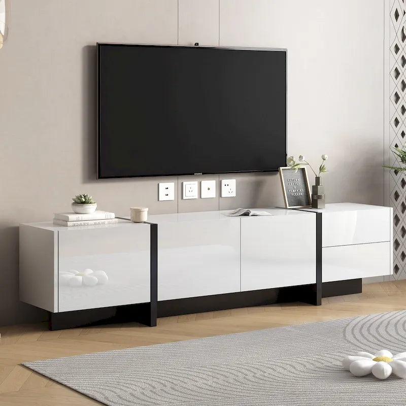 Mobile porta TV da 74" con finitura lucida e contenitore, adatto per TV fino a 80"