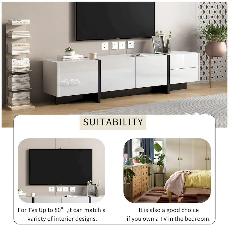 Mobile porta TV da 74" con finitura lucida e contenitore, adatto per TV fino a 80"
