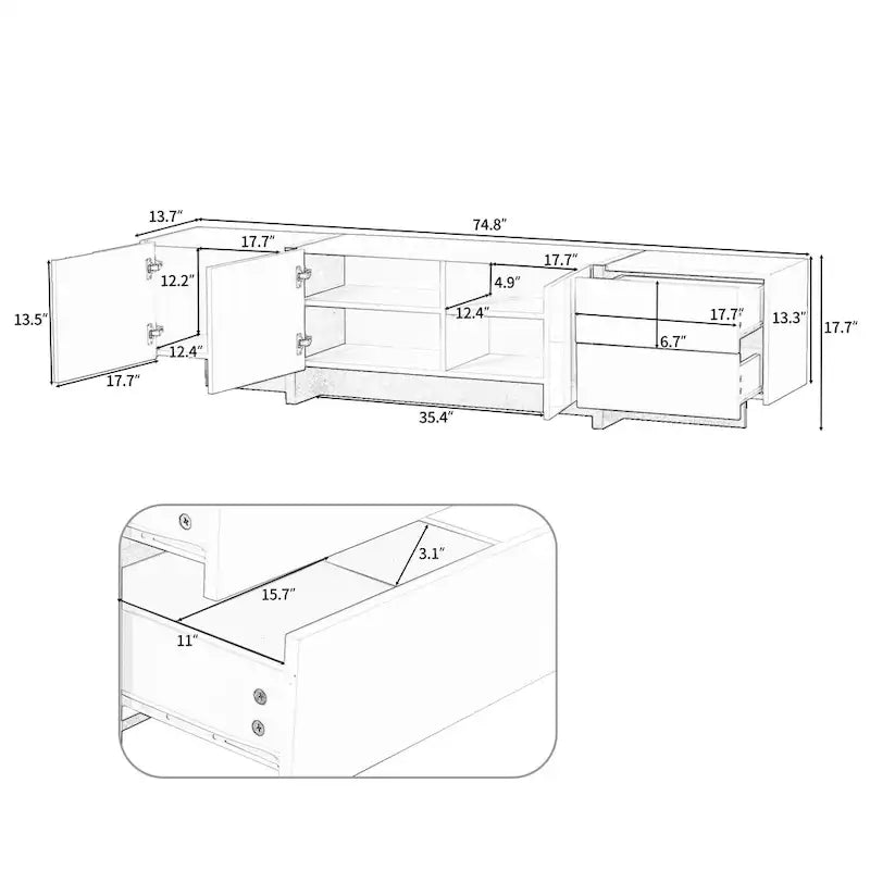 Mobile porta TV da 74" con finitura lucida e contenitore, adatto per TV fino a 80"