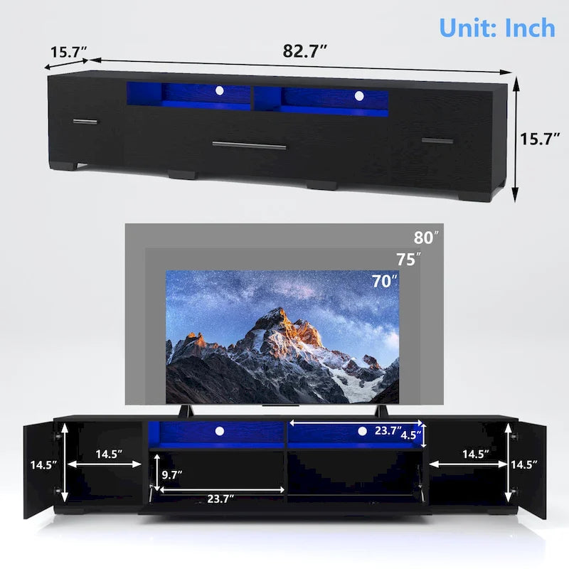 Mobile porta TV da 83" con luci LED RGB e spazio contenitivo, adatto per TV fino a 80"