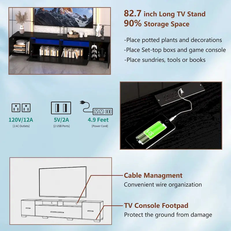 Mobile porta TV da 83" con luci LED RGB e spazio contenitivo, adatto per TV fino a 80"