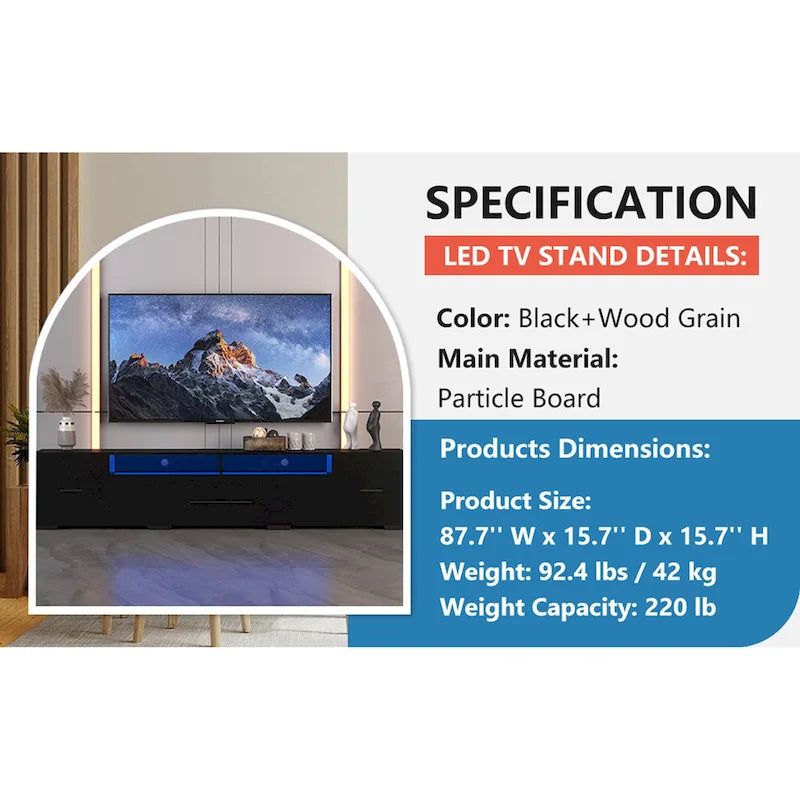 Mobile porta TV da 83" con luci LED RGB e spazio contenitivo, adatto per TV fino a 80"