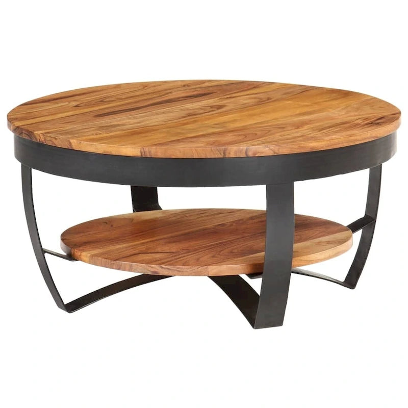 Tavolino rotondo da caffè 65 cm in legno massello di acacia con base in acciaio
