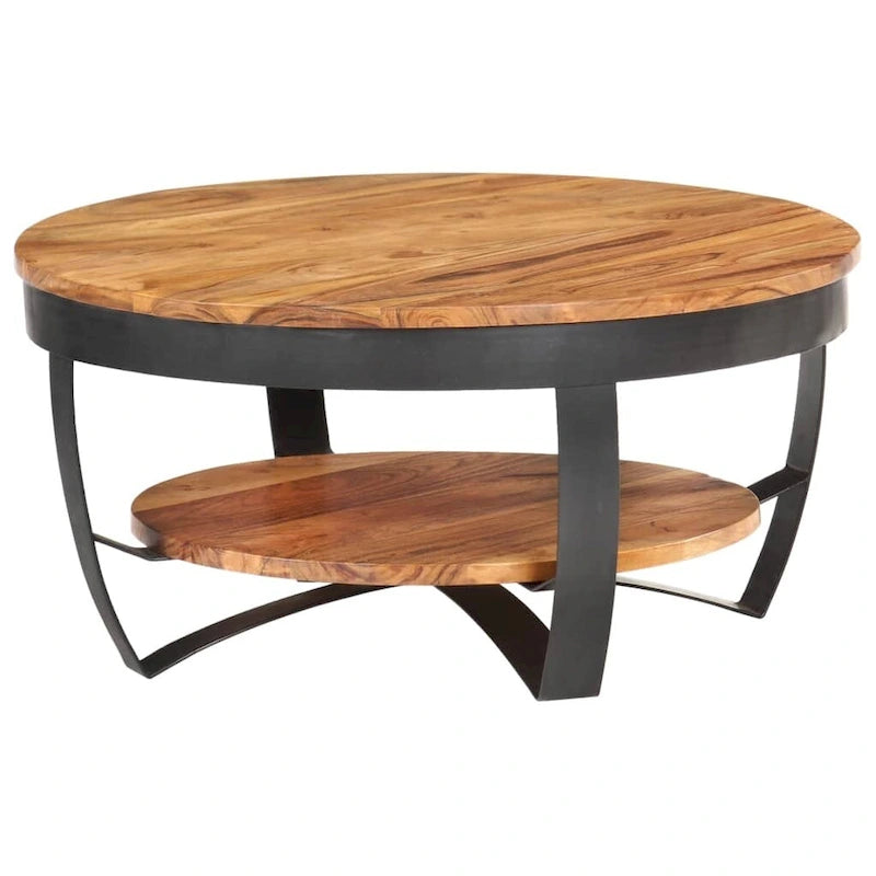 Tavolino rotondo da caffè 65 cm in legno massello di acacia con base in acciaio