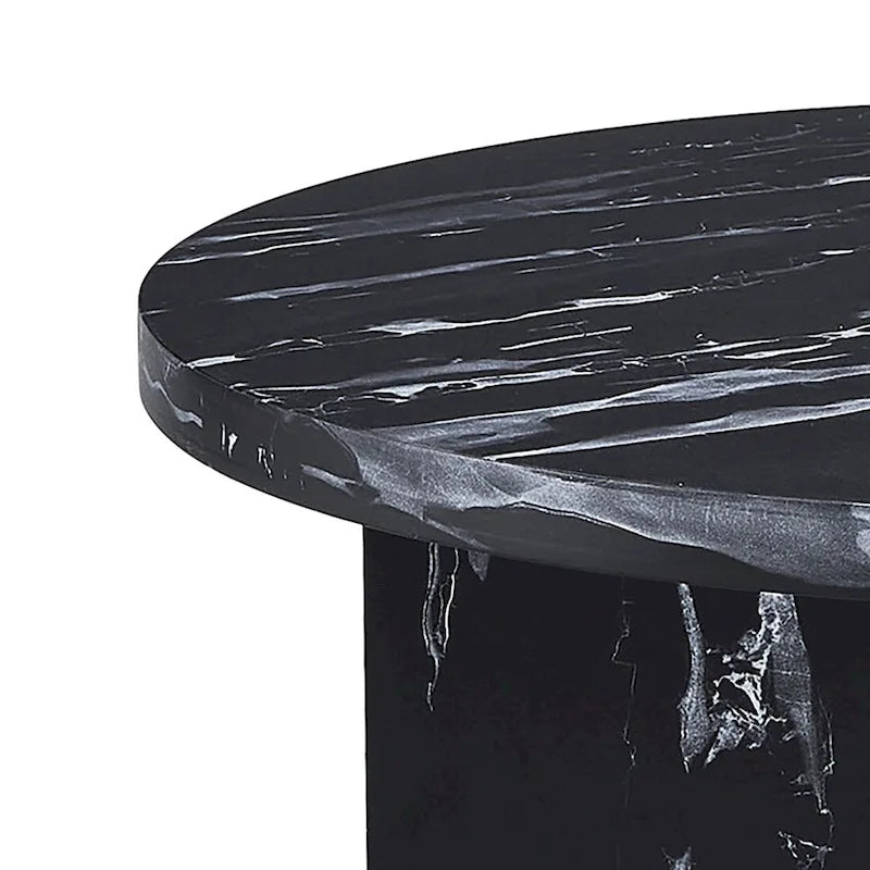 Tavolino rotondo da caffè con superficie impiallacciata effetto marmo