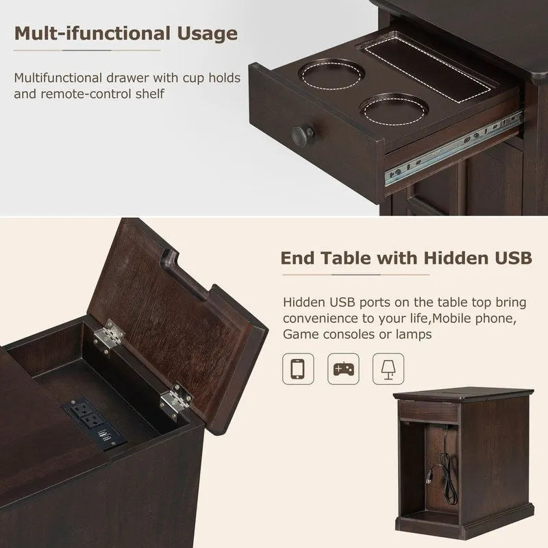 Tavolino con porte USB e 1 cassetto con portabicchieri